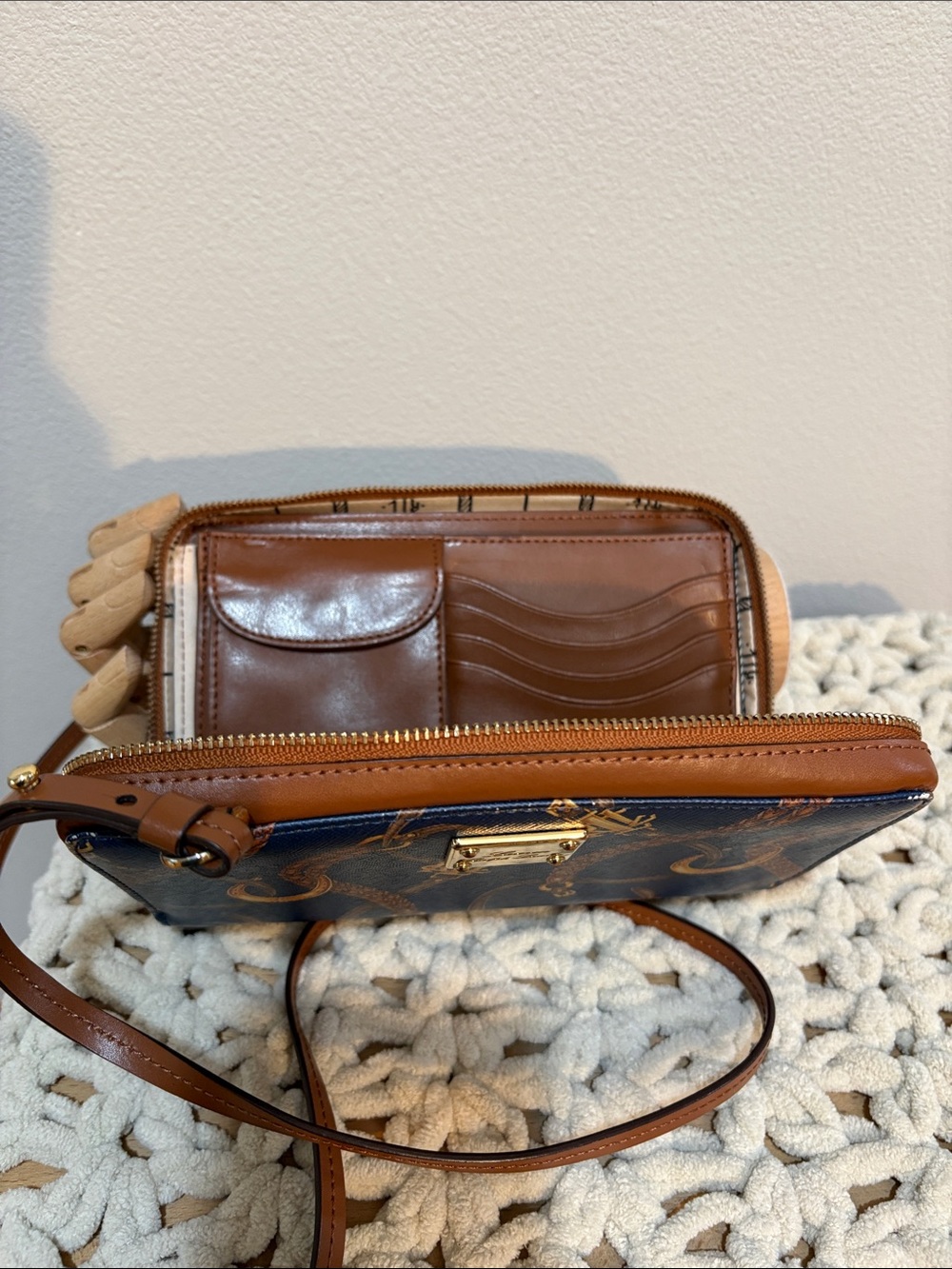 Lauren Ralph Lauren Navy Blue and Brown Printed Crossbody Wallet - Picture 4 of 17
